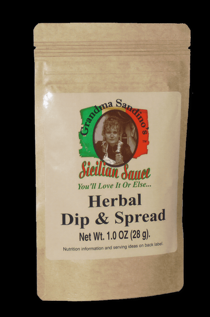 Herbal dip and spread in a beige pouch with a green logo and black text, featuring a woman's portrait.